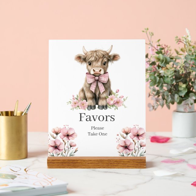 Señal Acrílica Pink Highland Cow Birthday favorece el Rótulo (Boda)