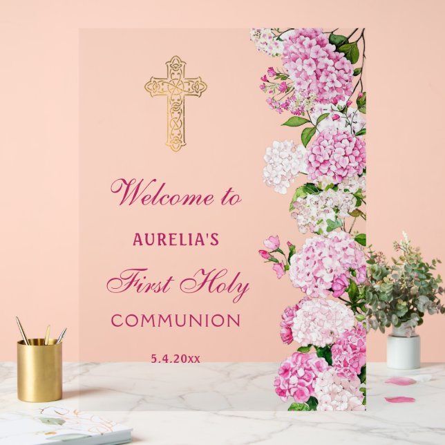 Señal Acrílica Pink Hydrangea First Communion Welcome (Boda)