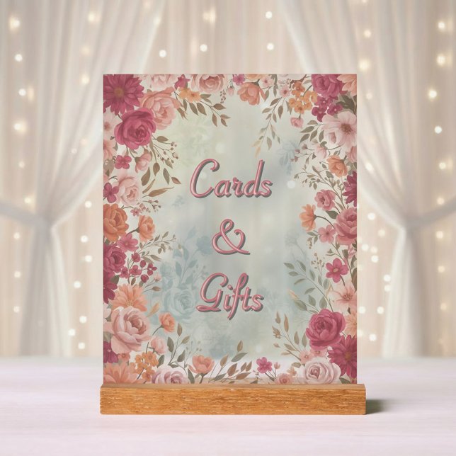 Señal Acrílica Pink & Red Romantic Spring Floral Wedding (Front view pink red watercolor floral vintage spring garden wedding cards and gifts table sign )