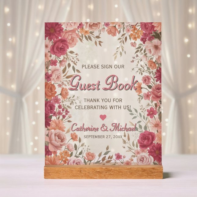 Señal Acrílica Pink & Red Romantic Spring Wedding Guestbook (Front view pink red watercolor floral vintage spring garden wedding guest book welcome sign decor)