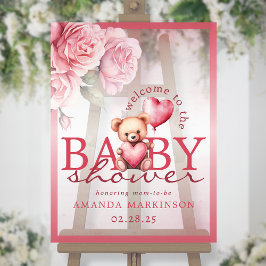 Señal Acrílica Pink Watercolor Teddy Bear Baby Shower Welcome