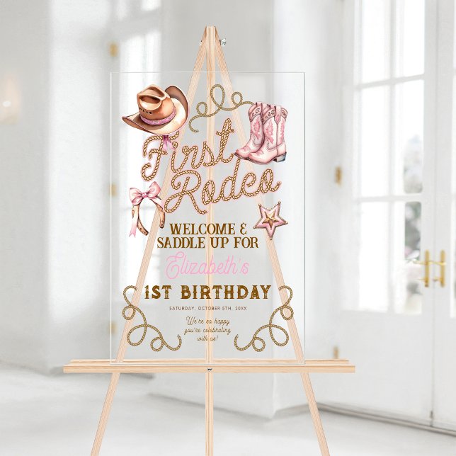 Señal Acrílica Pink Western First Rodeo Birthday Welcome (Pink Western First Rodeo Birthday Welcome Acrylic Sign)