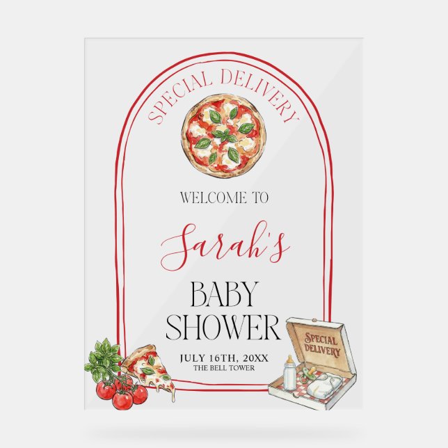 Señal Acrílica Pizza Special Delivery Baby Shower Welcome  (Anverso)