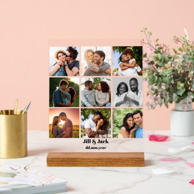 Señal Acrílica Plantilla personalizada de 9 Collages de fotos par (Boda)