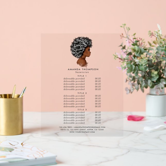 Señal Acrílica Precios y servicios de la peluquería afroamericana (Boda)