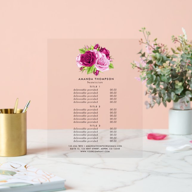 Señal Acrílica Precios y servicios de moda Borgoña y Rosa Rosa Ro (Boda)