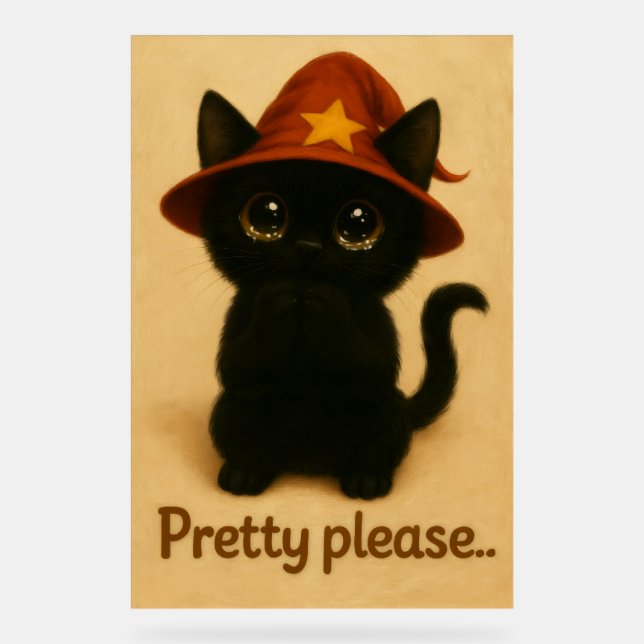 Señal Acrílica Pretty Please – Cute Black Cat with Wizard Hat (Anverso)