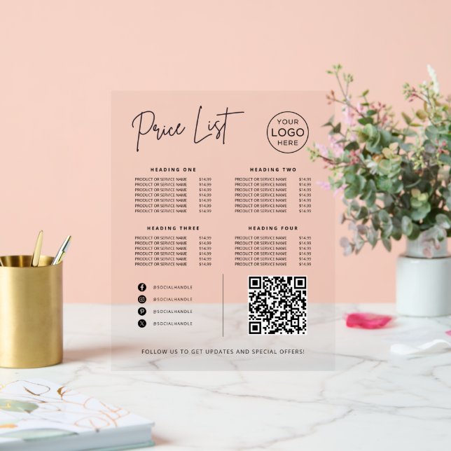 Señal Acrílica Price List Social Media Website QR Code Business (Boda)