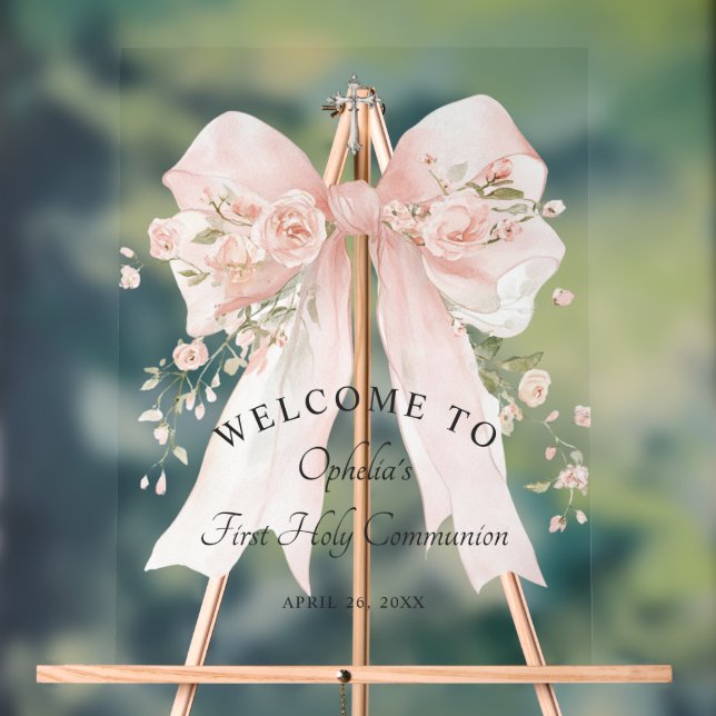 Señal Acrílica Primera Comunión de Niña Arco Floral Rosa (Neutral )