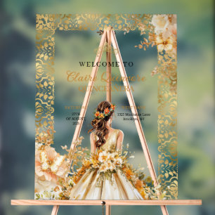 Señal Acrílica Princesa Quinceañera floral de oro de la flor radi