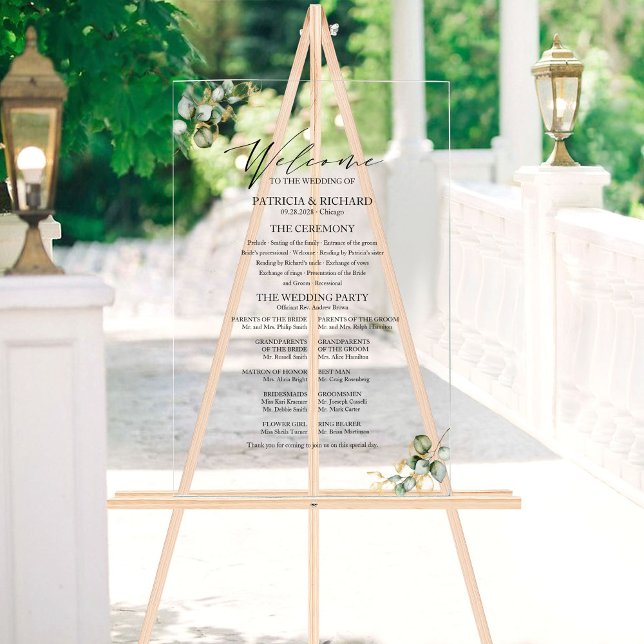 Señal Acrílica Programa de Boda con Vegetación Dorada Elegante (Subido por el creador)