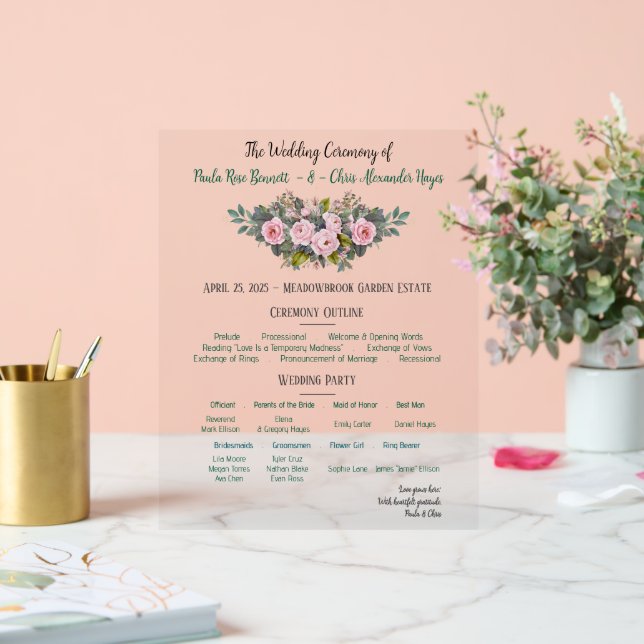 Señal Acrílica Programa de Boda Floral Rosado (Boda)
