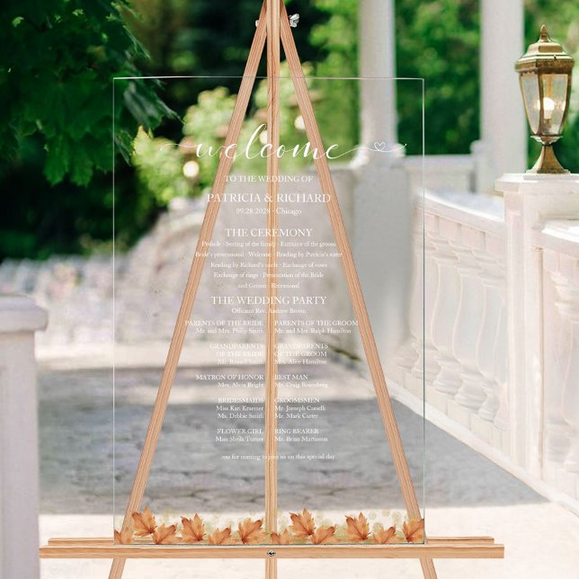 Señal Acrílica Programa de Boda Otoño Elegante con Hojas que Caen (Subido por el creador)