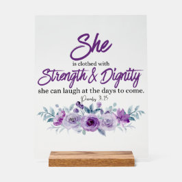 Señal Acrílica Proverbios 31:25 Fuerza y Dignidad Flor Púrpura