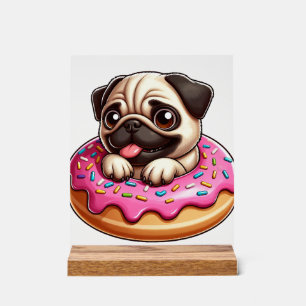 Señal Acrílica Pug adorable con donut dibujo animado amante de lo