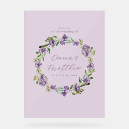 Señal Acrílica Purple Botanical Wreath Wedding Welcome Sign