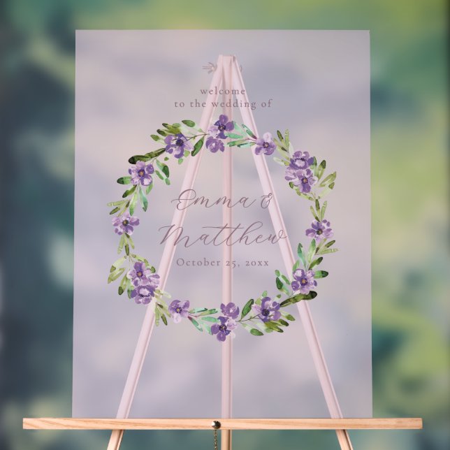 Señal Acrílica Purple Botanical Wreath Wedding Welcome Sign (Neutral )