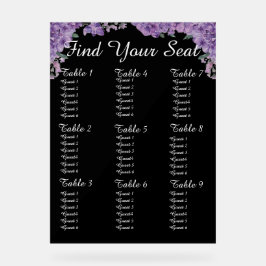 Señal Acrílica Purple Flowers Black Find Your Seat Wedding Seatin