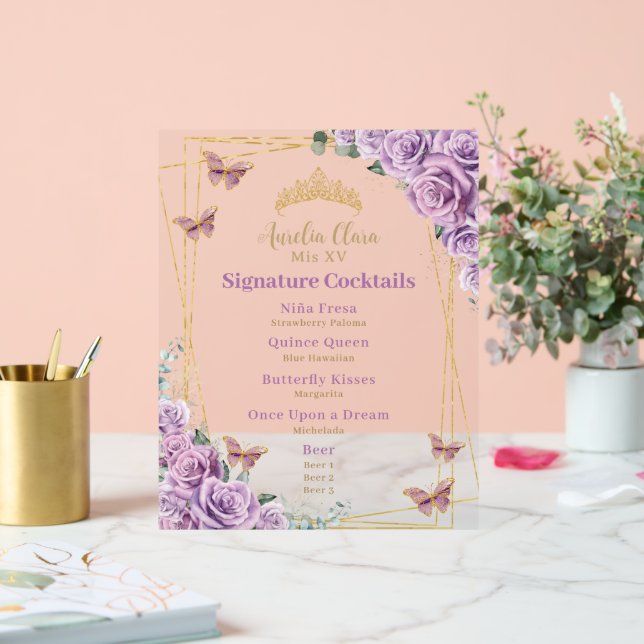 Señal Acrílica Purple Lilac Floral Quinceanera Bar Coctel Menú (Boda)