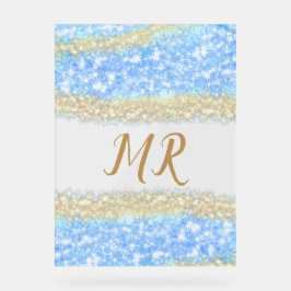 Señal Acrílica purpurina de oro azul chispa monograma texto