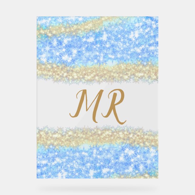 Señal Acrílica purpurina de oro azul chispa monograma texto (Anverso)