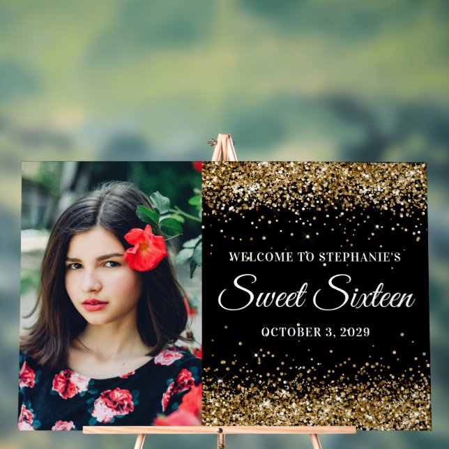 Señal Acrílica Purpurina de oro Dulce Negro Dieciséis Bienvenida  (Neutral )