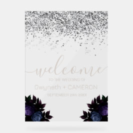 Señal Acrílica Purpurina negro Moody Silver Navy Flores azules