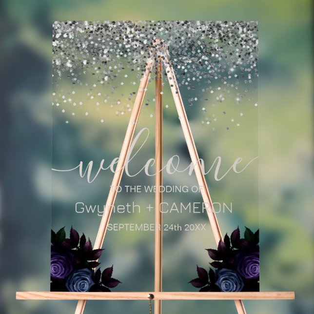 Señal Acrílica Purpurina negro Moody Silver Navy Flores azules (Neutral )