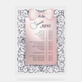 Señal Acrílica Purpurina plateado Frame Rosado Bow Services Menú