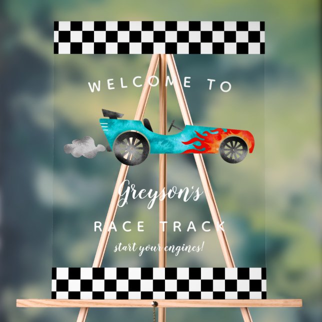 Señal Acrílica Race Car Boy Rótulo de fiesta de cumpleaños (Neutral )