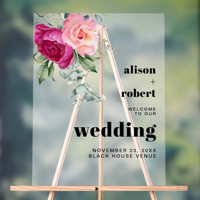 Señal Acrílica Rama con rosa rosa rosado boda de BIENVENIDA (Neutral )