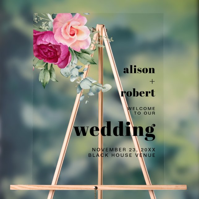 Señal Acrílica Rama de eucalipto con rosas rosadas boda BIENVENID (Neutral )