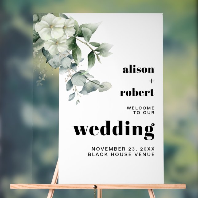 Señal Acrílica Rama de eucalipto, flores blancas boda BIENVENIDA (Neutral )