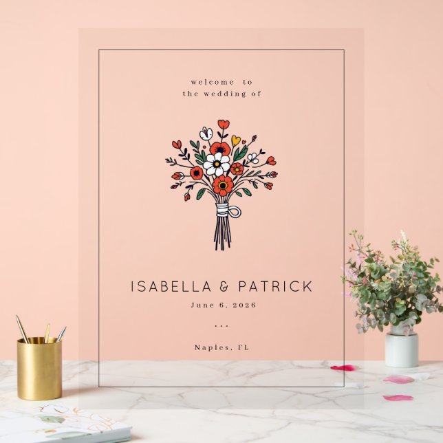 Señal Acrílica Ramillete sofisticado de flores rojas (Boda)