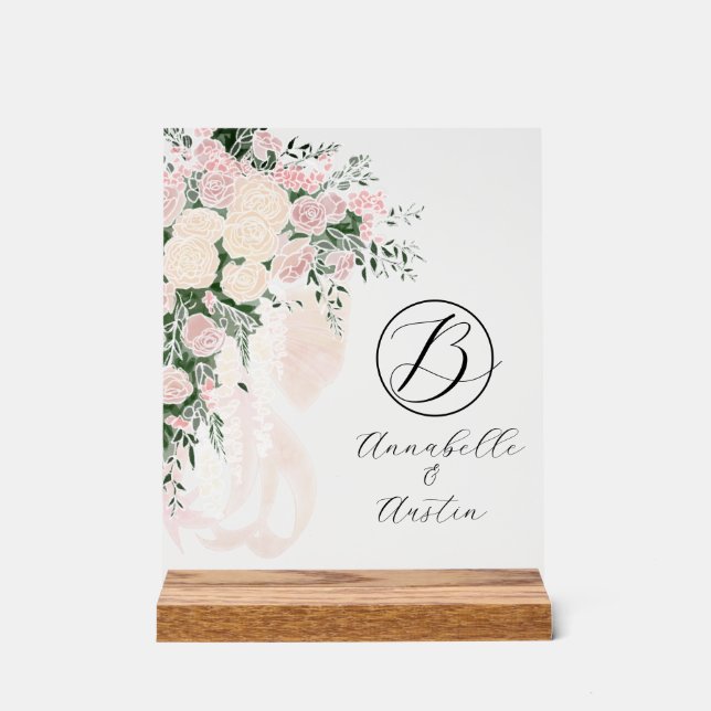Señal Acrílica Ramo de Rosa Arco Rosado Transparente con Monogram (Anverso)