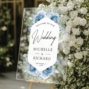 Señal Acrílica Ramo Floral Azul Polvoriento Bienvenida de Boda