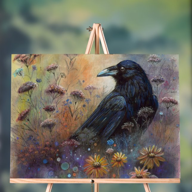 Señal Acrílica Raven pintado a mano con flores silvestres (Neutral )