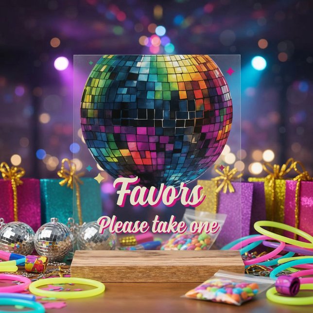 Señal Acrílica Recuerdos de Boda Bola de Discoteca Fiesta Retro 7 (Front view retro 70s disco ball wedding fun nightlife statement wedding Favor Sign)