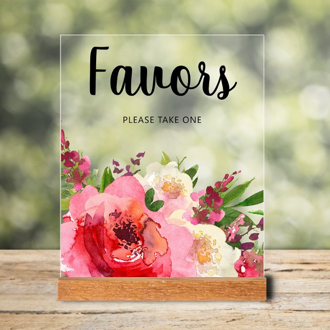 Señal Acrílica Recuerdos de Despedida de Soltera con Flores Rosad (Favors bridal shower tabletop  acrylic sign with pink and cream flowers and greenery)