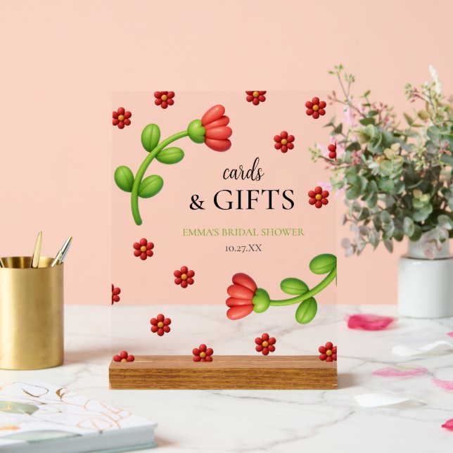 Señal Acrílica Red Flower Cards & Gifts – Bridal Shower (Boda)