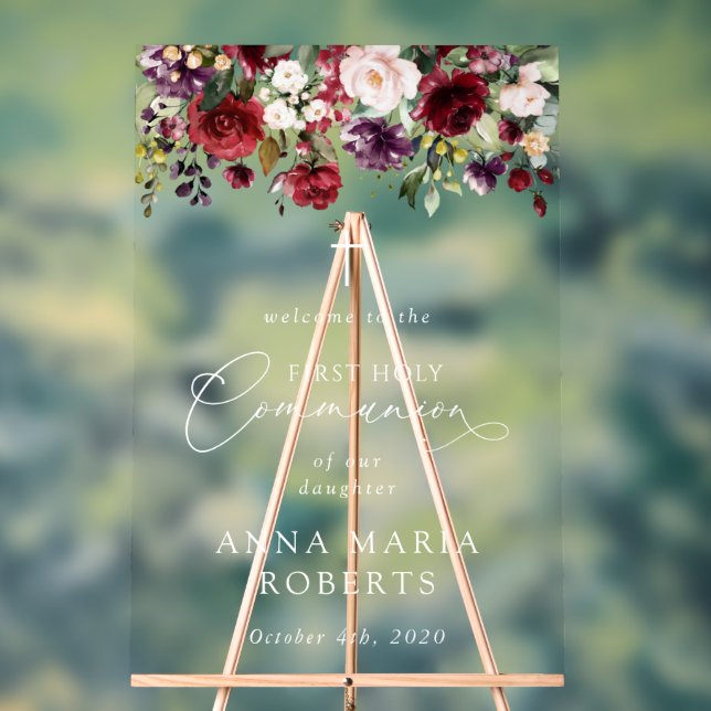 Señal Acrílica Red Flowers, Boho, First Holy Communion Welcome (Neutral )