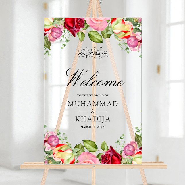 Señal Acrílica Red Pink Roses Floral Muslim Wedding Welcome (Subido por el creador)