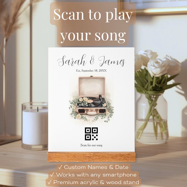 Señal Acrílica Regalo de aniversario de canción de boda con códig (Personalized QR code acrylic block with vintage vinyl record design, blush pink background, gold foi)