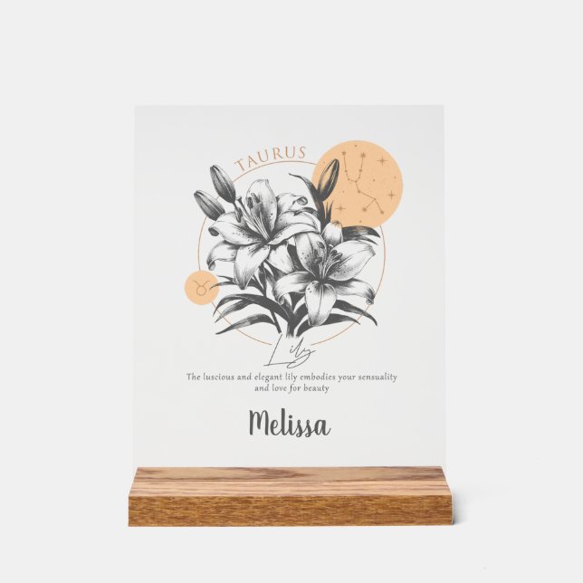 Señal Acrílica Regalo Taurus Personalizado de Flor de Nacimiento  (Anverso)