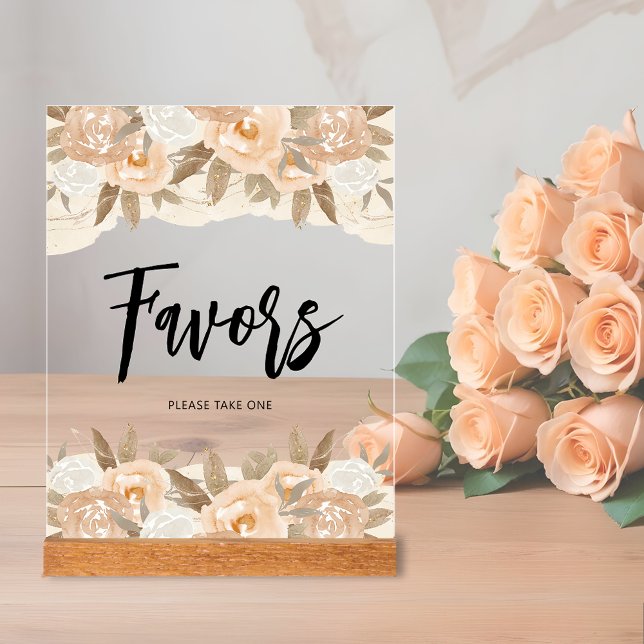 Señal Acrílica Regalos Favoritos Flores de Melocotón Despedida de (Favors bridal shower clear acrylic sign with rustic peach flowers and leaves on top and bottom)