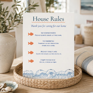 Señal Acrílica Reglas de la Casa Airbnb de Pescado y Olas Costera