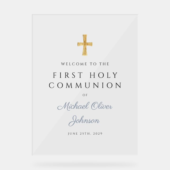 Señal Acrílica Religious Dusty Blue Boy First Communion Welcome (Anverso)