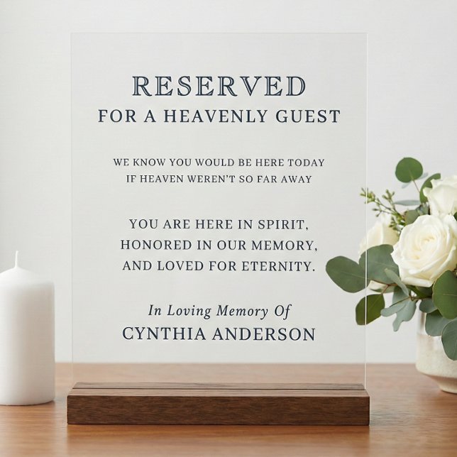 Señal Acrílica Reserved For Heavenly Guest Memorial Slate Blue (Reserved for heavenly guest slate blue acrylic sign on wooden base)