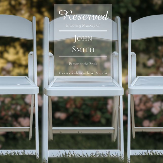 Señal Acrílica Reserved in Memorial - Wedding Seat Sign (Wedding Memorial Reserved Seat Clear Acrylic Sign)