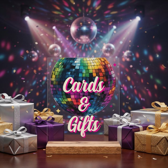 Señal Acrílica Retro 70's Party Disco Ball Wedding Cards & Gifts (Front view retro 70s disco ball wedding sparkly vintage party glam festive Cards & Gifts Sign)